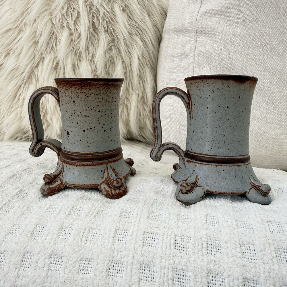 Ornate Pottery Mugs Pair Hand Thrown Mottled Blue Gray Brown Speckle Four Feet